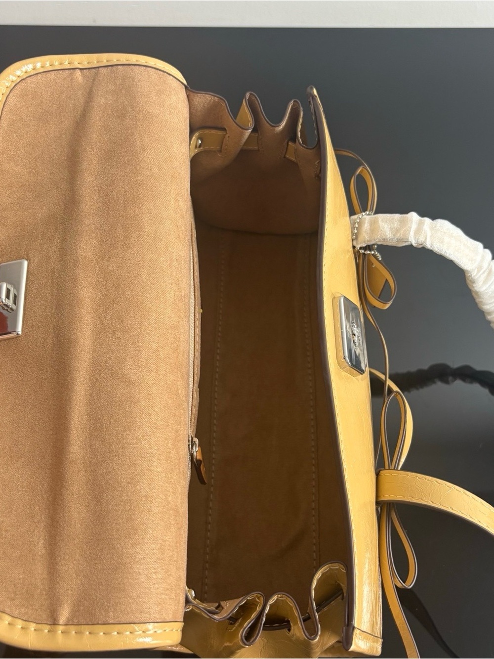 Coach Mustard Pebbled Leather Barrel Bag with Bow Accents - Picture 8 of 9